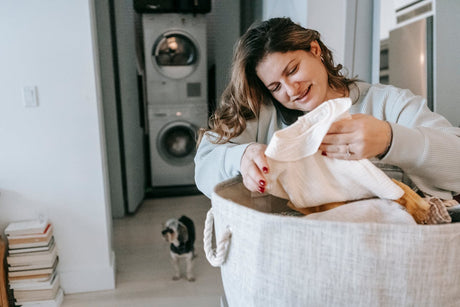 Person doing laundry with pet 