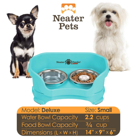 A chart displaying the Deluxe small with Slow Feed bowl capacity and dimensions, with two small dogs on either side of the chart.