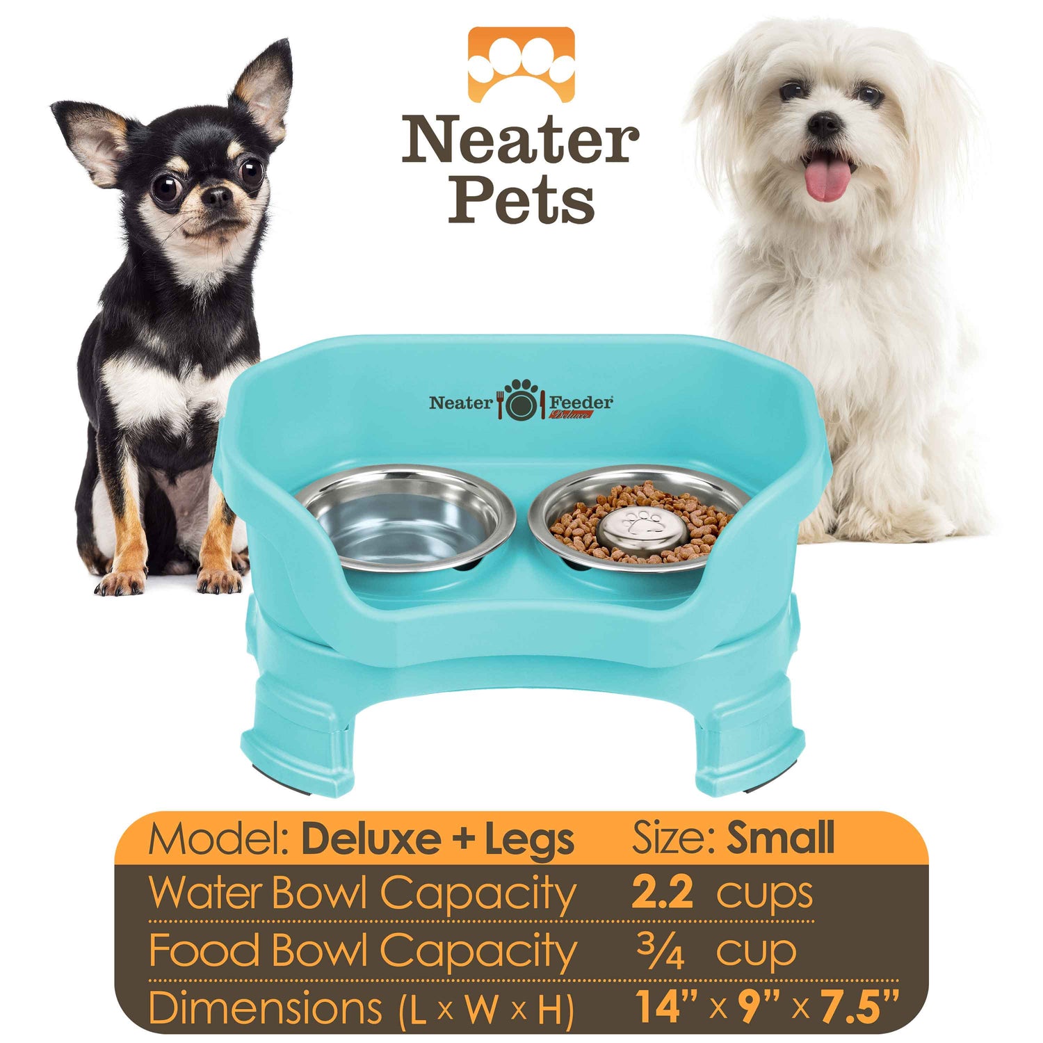 A chart displaying the Deluxe small with Slow Feed bowl and leg extension bowl capacity and dimensions, with two small dogs on either side of the chart.