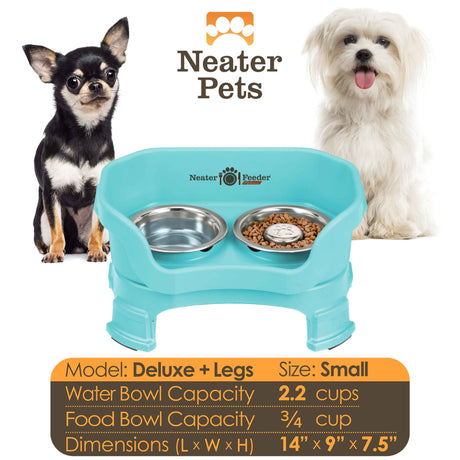 A chart displaying the Deluxe small with Slow Feed bowl and leg extension bowl capacity and dimensions, with two small dogs on either side of the chart.