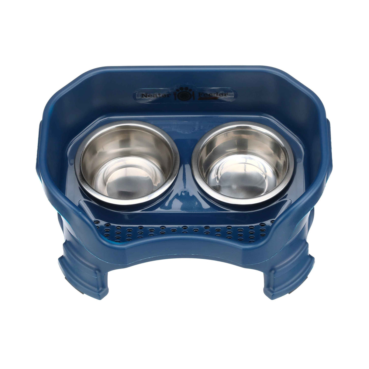 Image showing drainage holes at the top of the Neater Feeder top view with two stainless steel bowls against a white background.