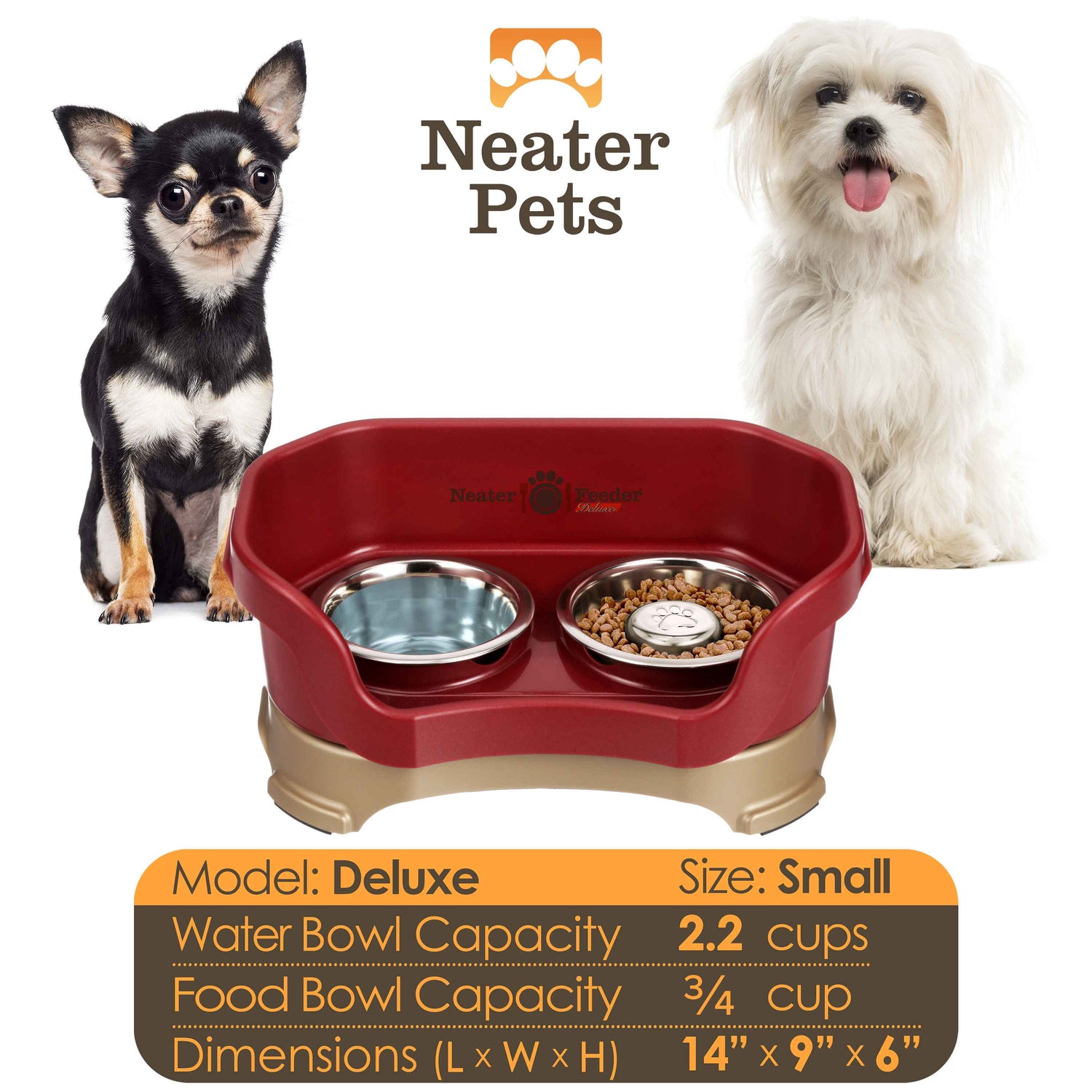 A chart displaying the Deluxe small with Slow Feed bowl capacity and dimensions, with two small dogs on either side of the chart.