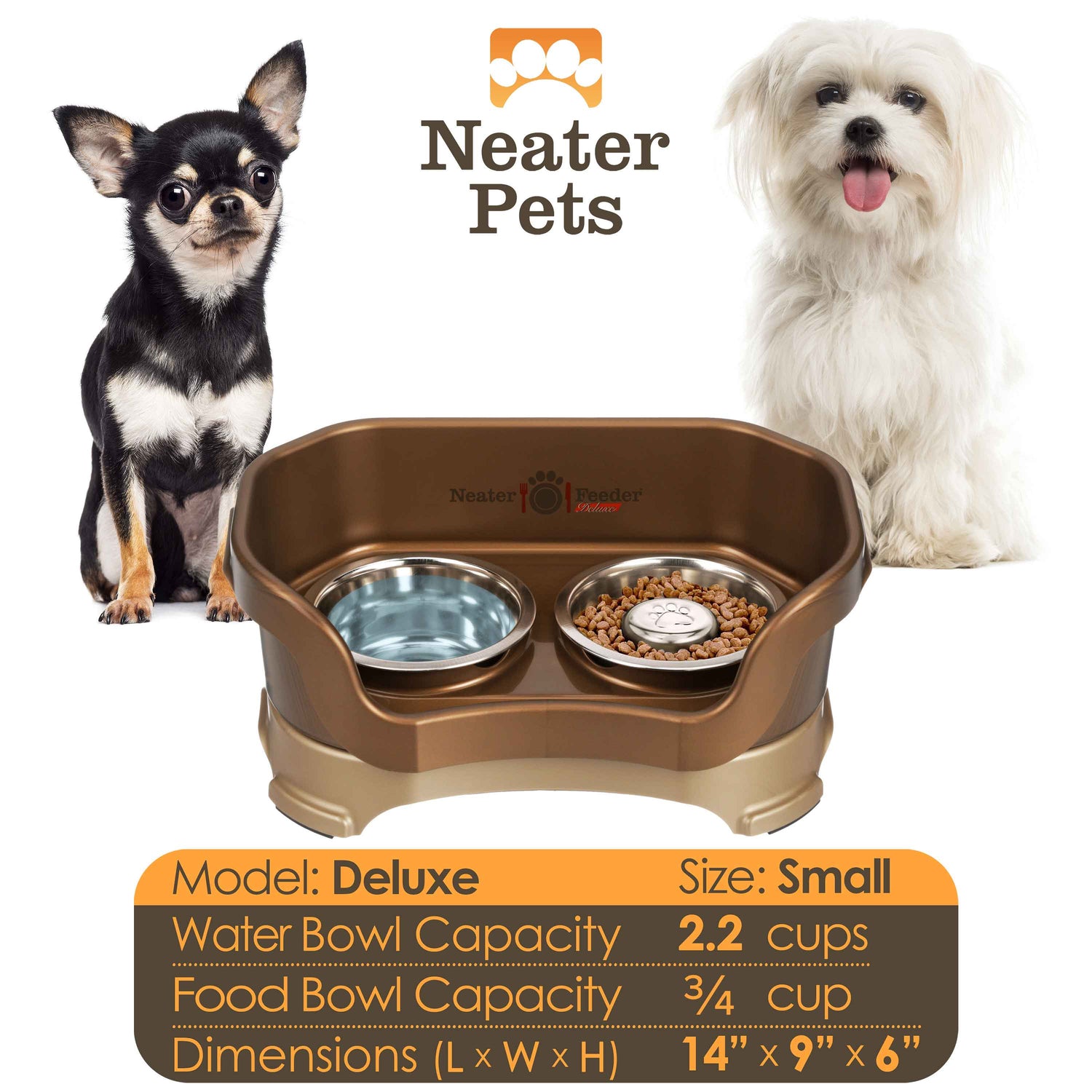 A chart displaying the Deluxe small with Slow Feed bowl capacity and dimensions, with two small dogs on either side of the chart.
