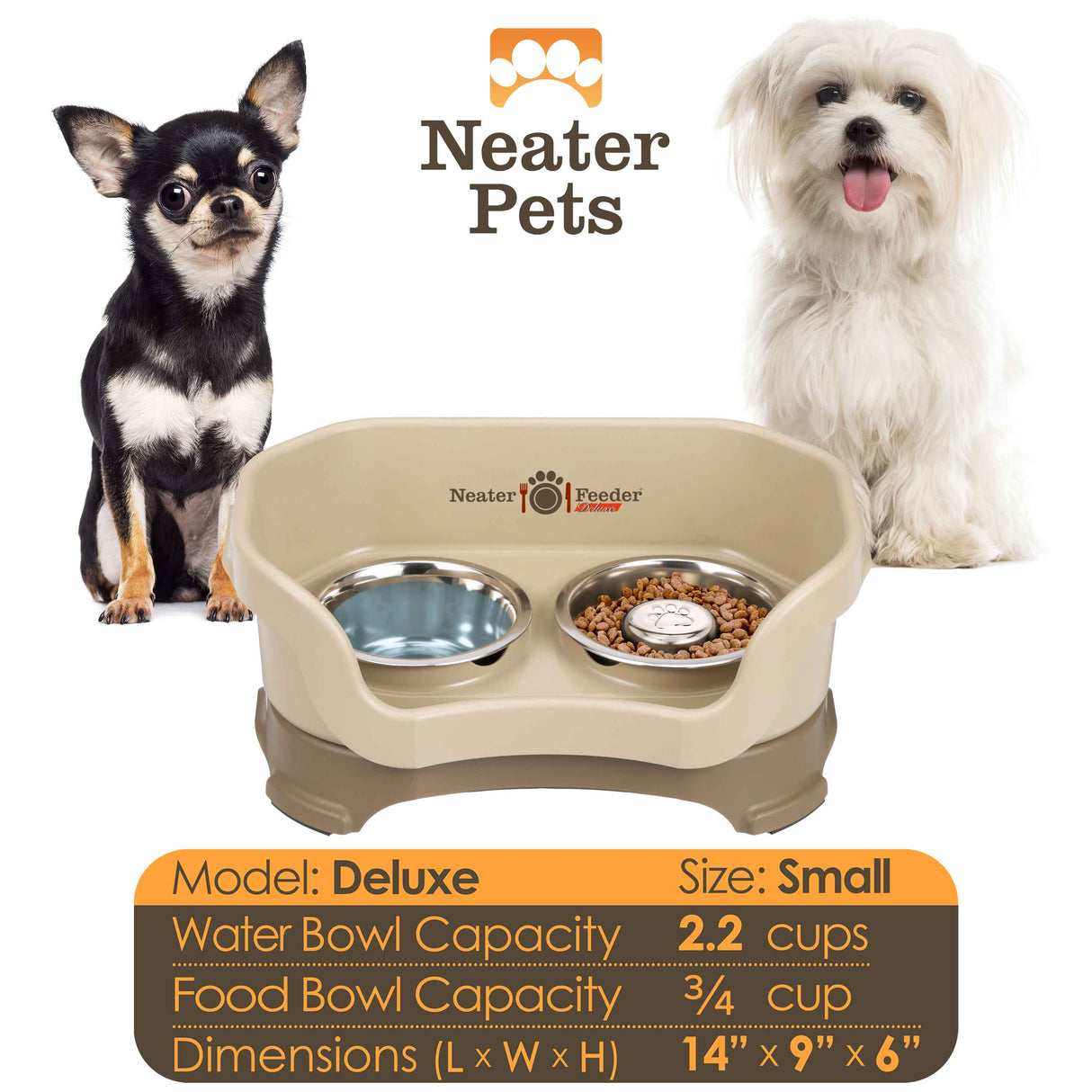 A chart displaying the Deluxe small with Slow Feed bowl capacity and dimensions, with two small dogs on either side of the chart.