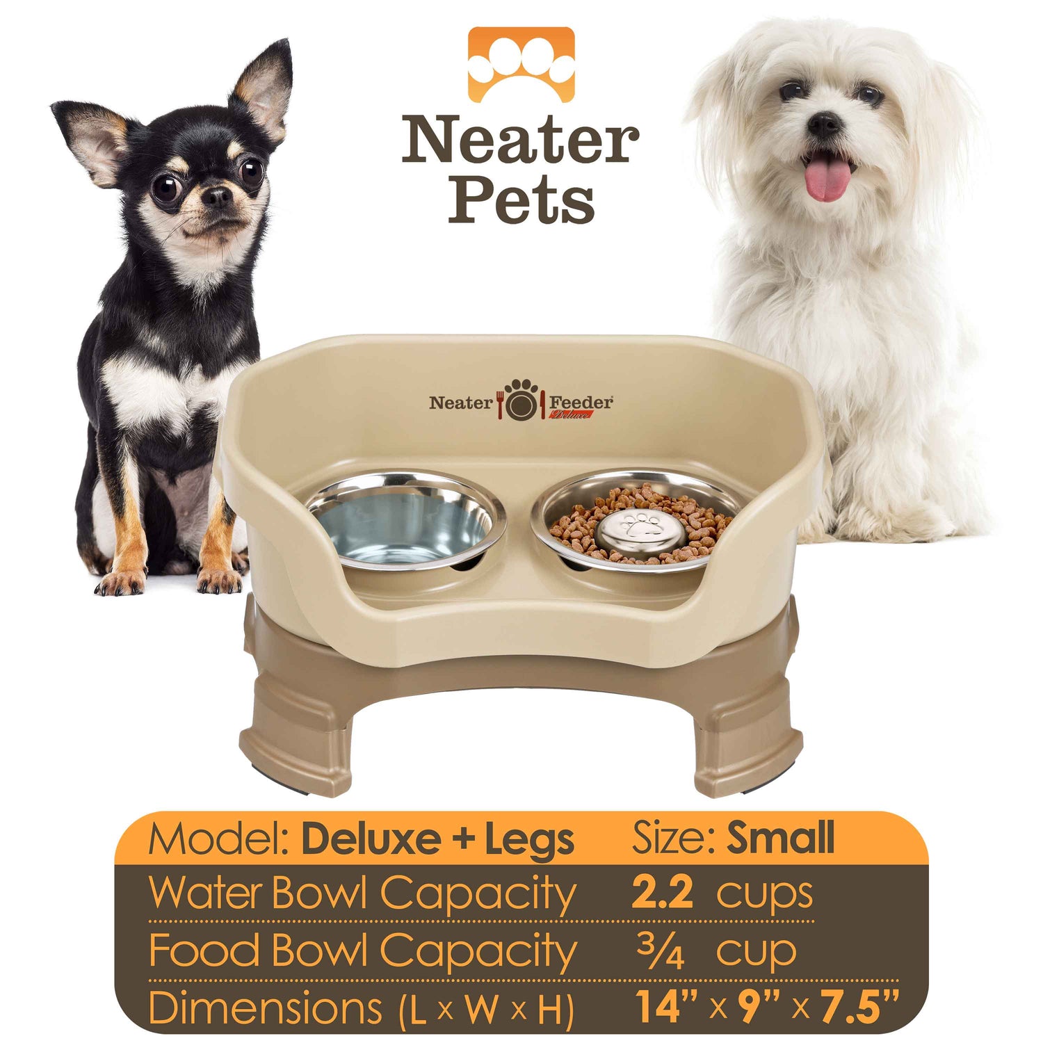 A chart displaying the Deluxe small with Slow Feed bowl and leg extension bowl capacity and dimensions, with two small dogs on either side of the chart.