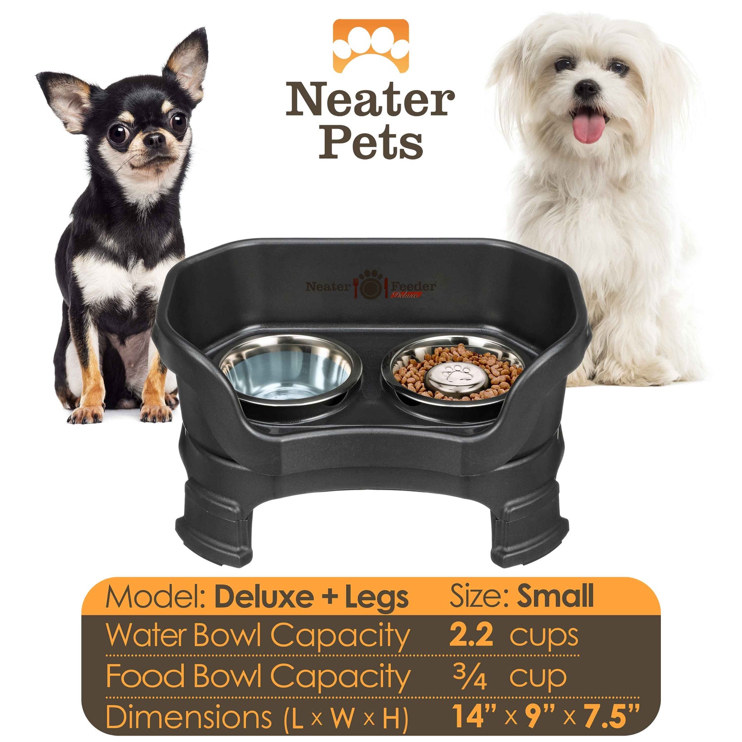 A chart displaying the Deluxe small with Slow Feed bowl and leg extension bowl capacity and dimensions, with two small dogs on either side of the chart.