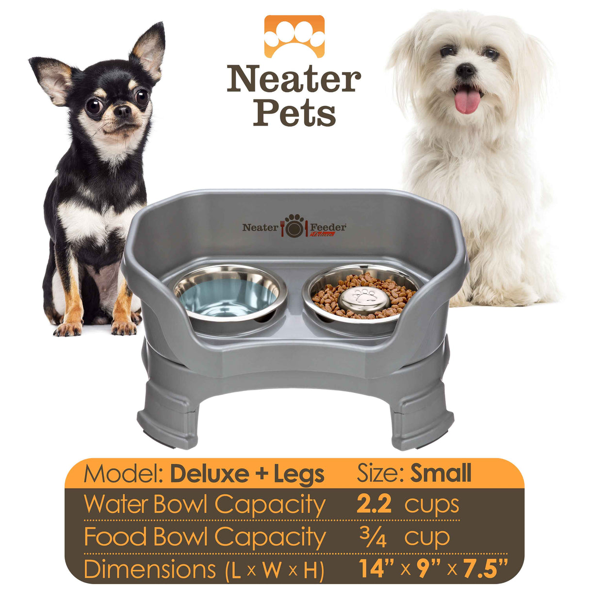 A chart displaying the Deluxe small with Slow Feed bowl and leg extension bowl capacity and dimensions, with two small dogs on either side of the chart.