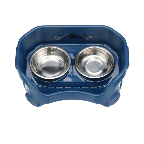 A photo showing the top view of the Neater Feeder with two stainless steel bowls against a white background.