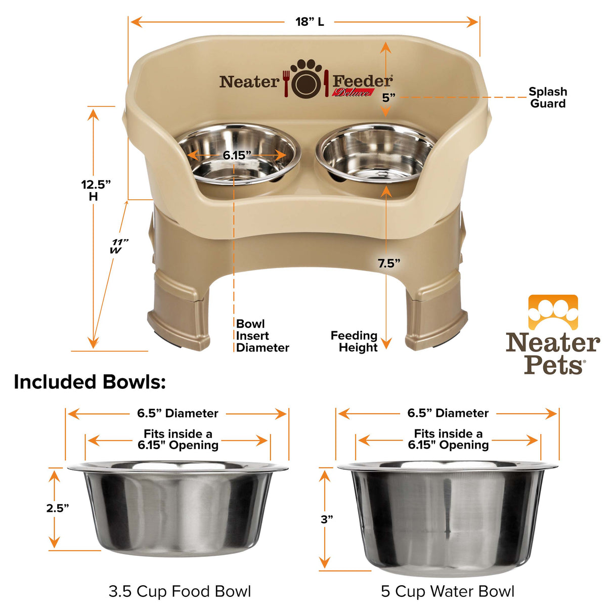 A chart showing the dimensions of the Deluxe Cappuccino Medium Neater Feeder as well as the stainless steel bowls against a white background.