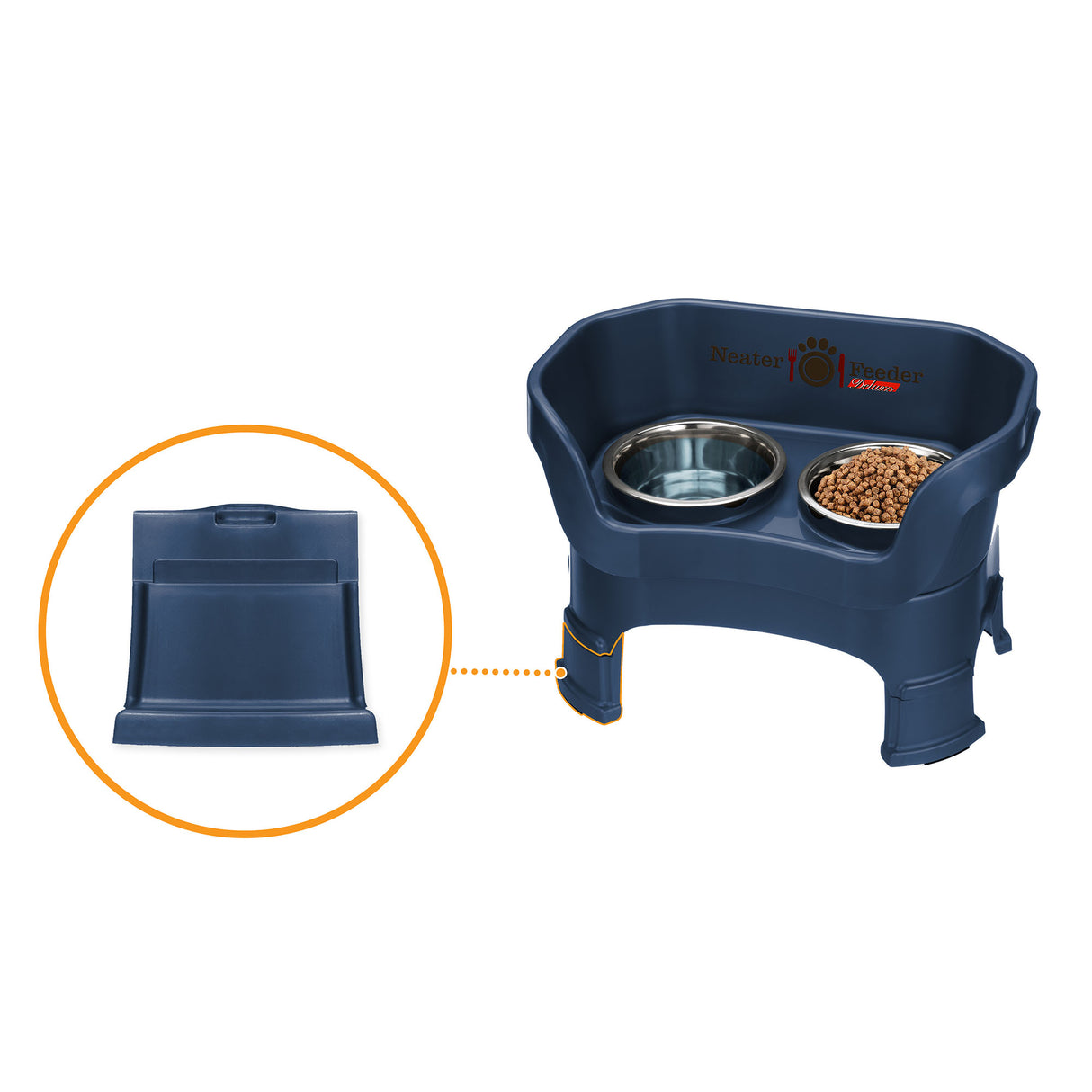 Picture of leg extensions circled on a Neater Feeder Deluxe on a white background.