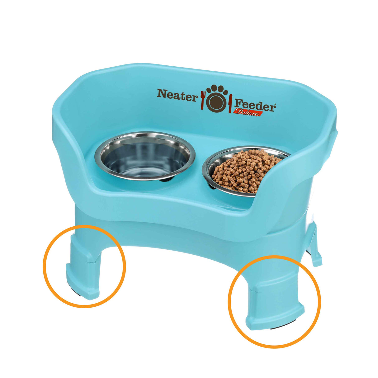 Picture of leg extensions circled on a Neater Feeder Deluxe on a white background.