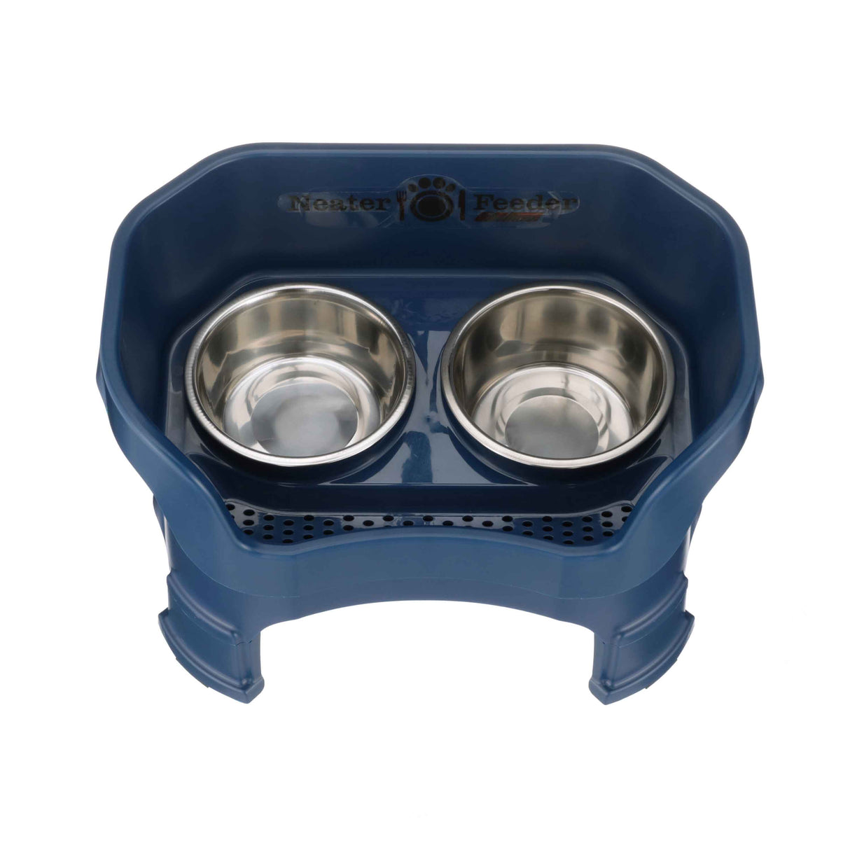 Photo showing drainage holes in a dark blue medium neater feeder top  view with two stainless steel bowls against a white background.