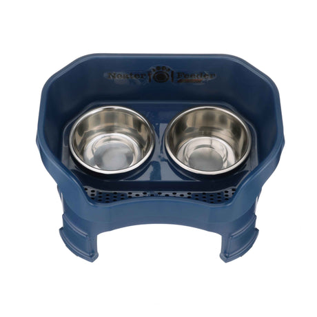 Photo showing drainage holes in a dark blue medium neater feeder top  view with two stainless steel bowls against a white background.
