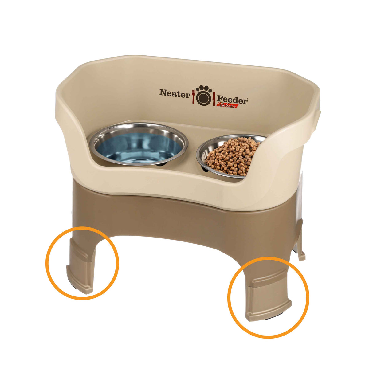 Image showing leg extensions circled on the Neater Feeder Deluxe on a white background.