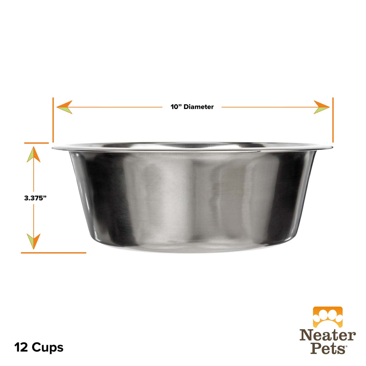 Dimensions of the 12 cup stainless steel bowl from the side against a white background.