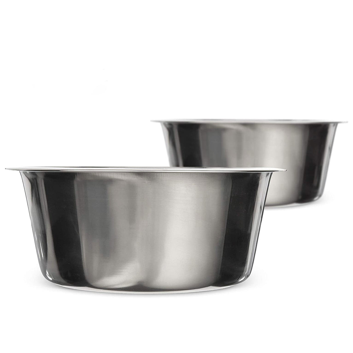 Side view of two 16 cup stainless steel pet bowls against a white background.