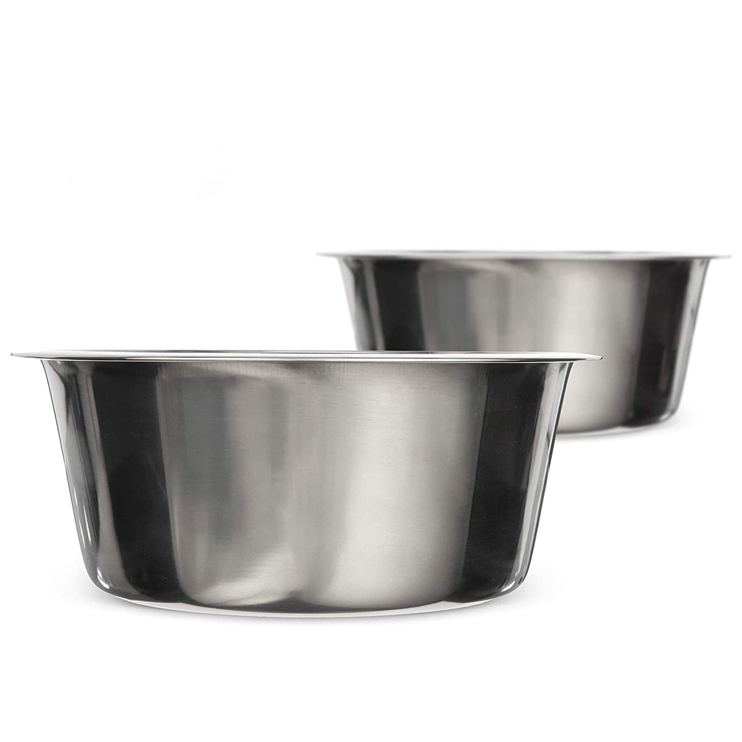 Side view of two 16 cup stainless steel pet bowls against a white background.