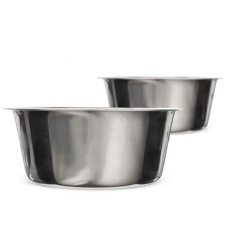 Side view of two 16 cup stainless steel pet bowls against a white background.