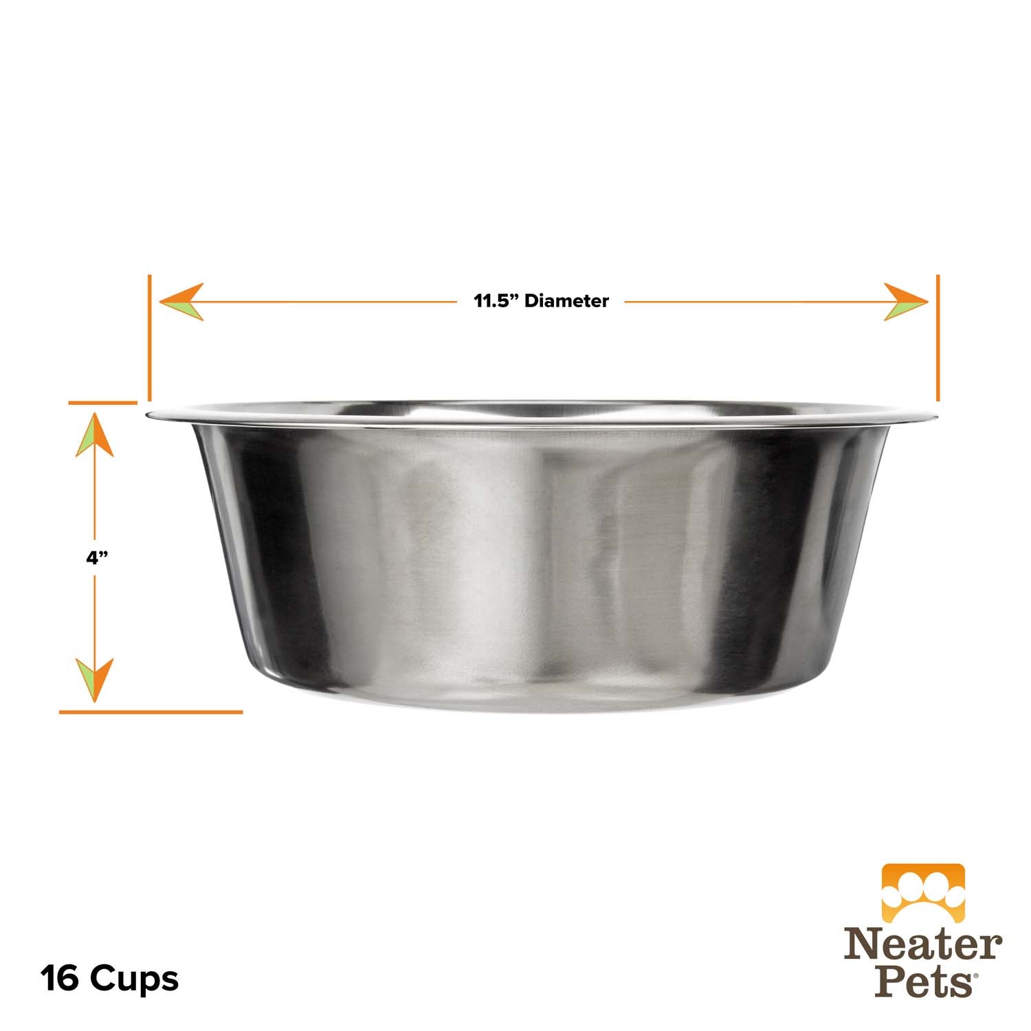 Dimensions of the 16 cup stainless steel bowl from the side against a white background.