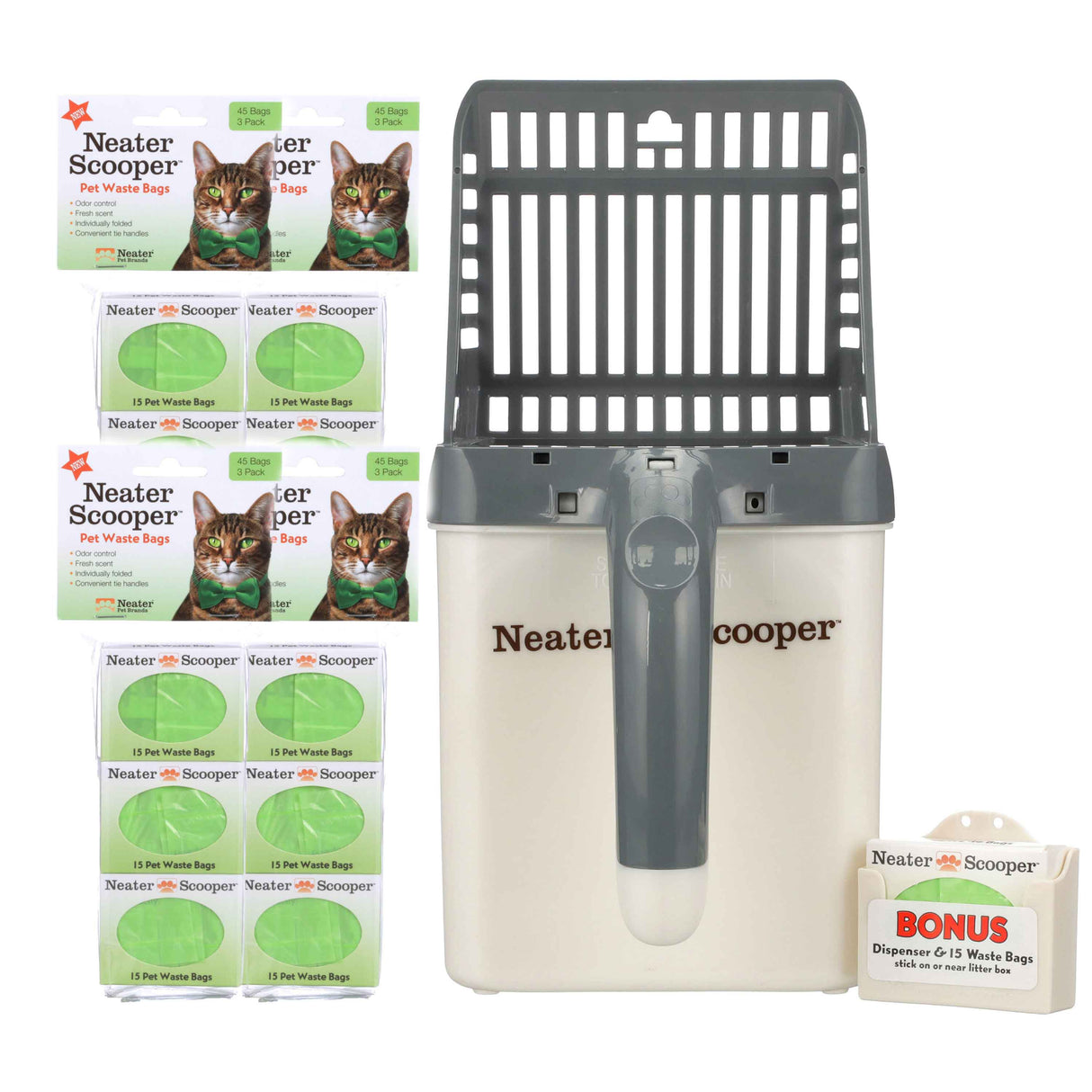 Neater Scooper with 195 bags in grey on a white background.