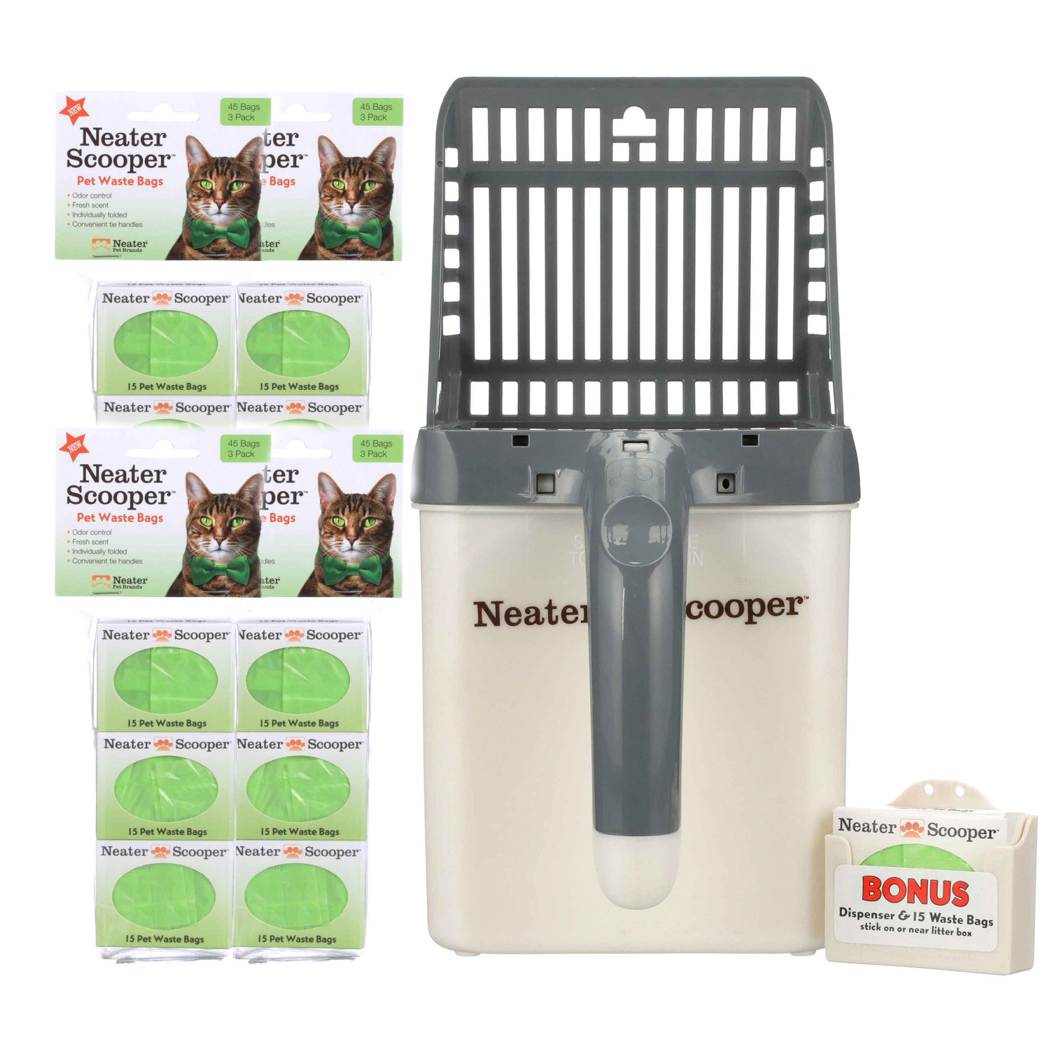 Neater Scooper with 195 bags in grey on a white background.