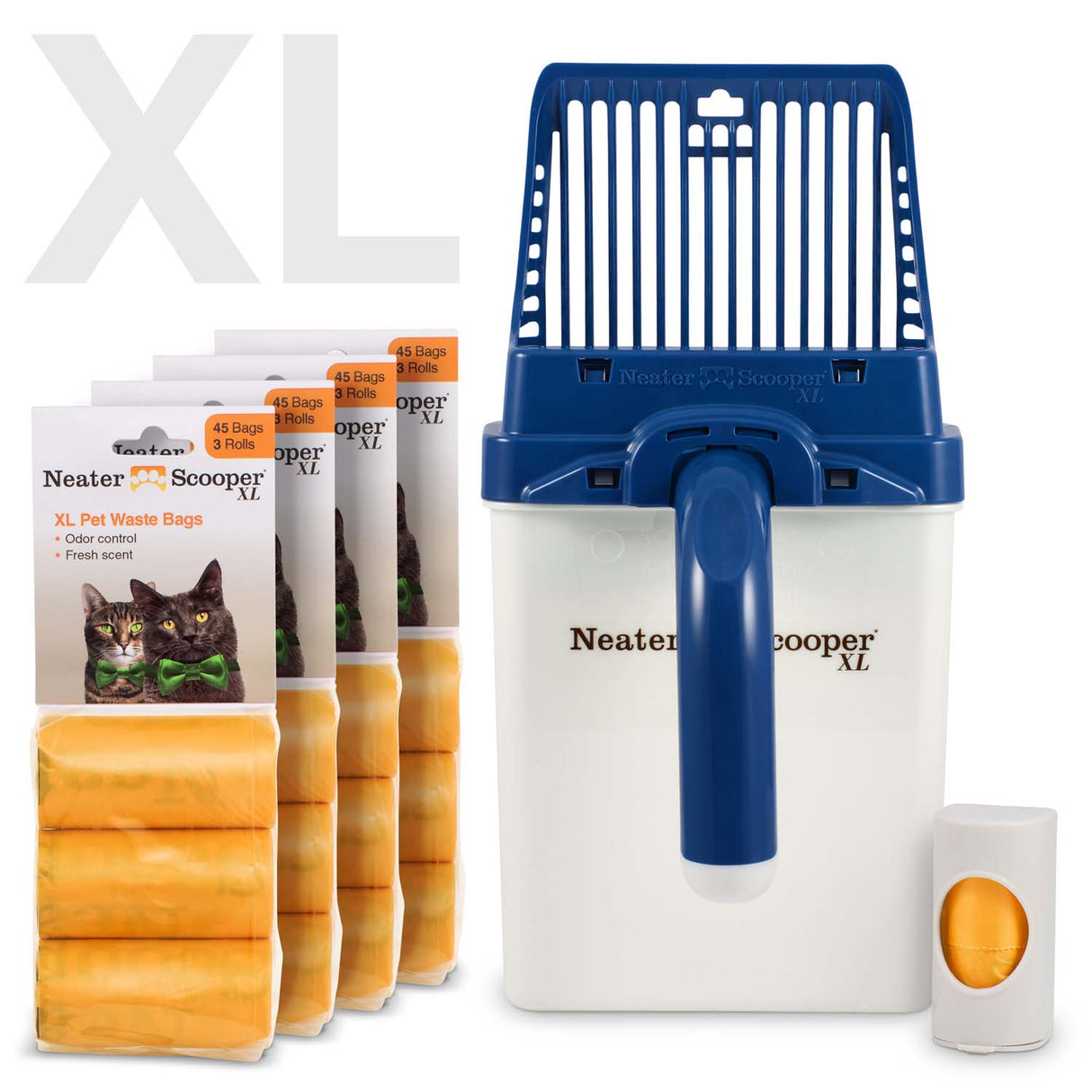 Neater Scooper XL Midnight Blue with 195 Bags and bag dispenser on a white background.