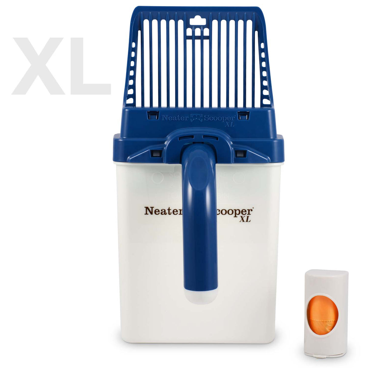 Neater Scooper XL Midnight Blue with 15 Bags with bag dispenser on a white background.
