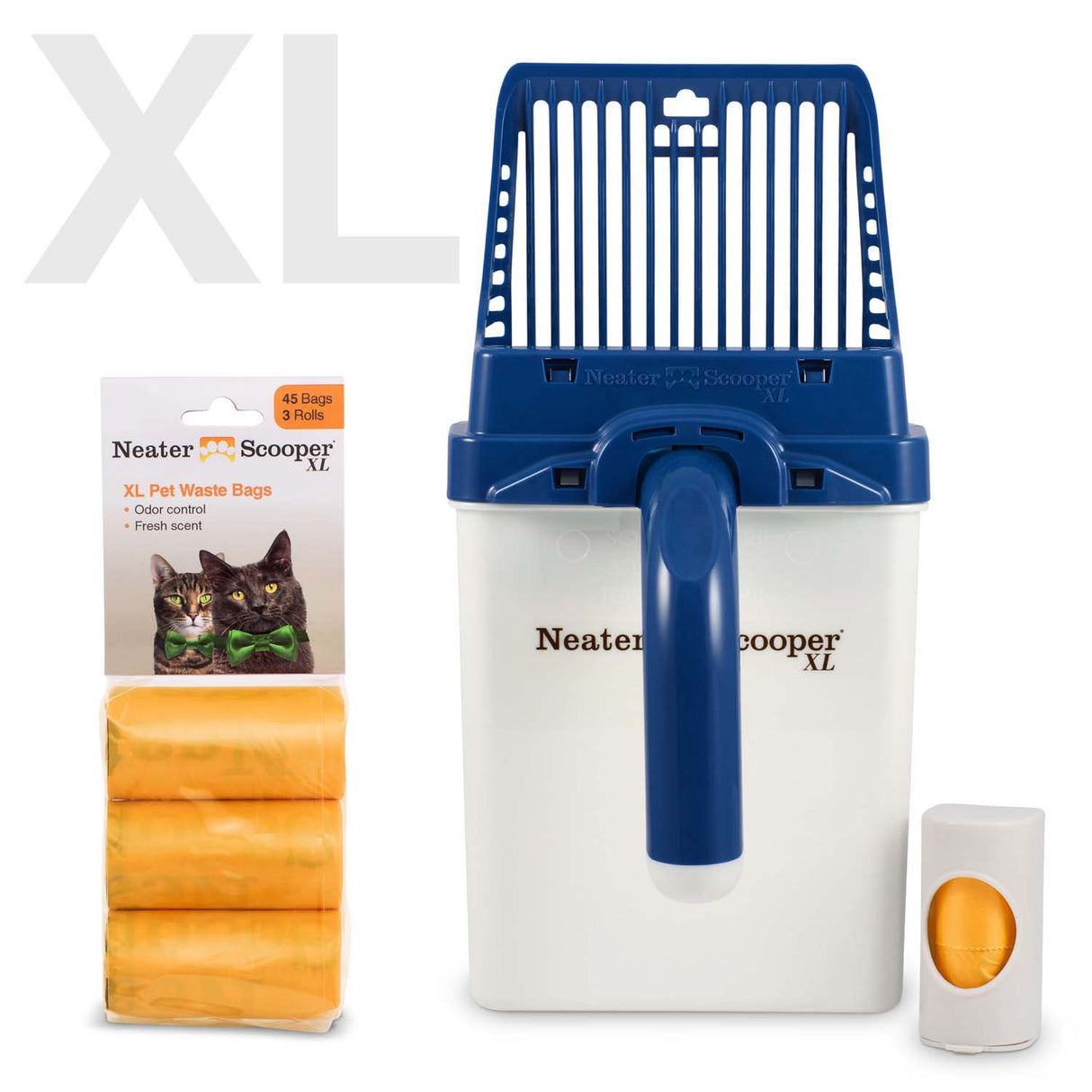 Neater Scooper XL Midnight Blue with 60 Bags and bag dispenser on a white background.