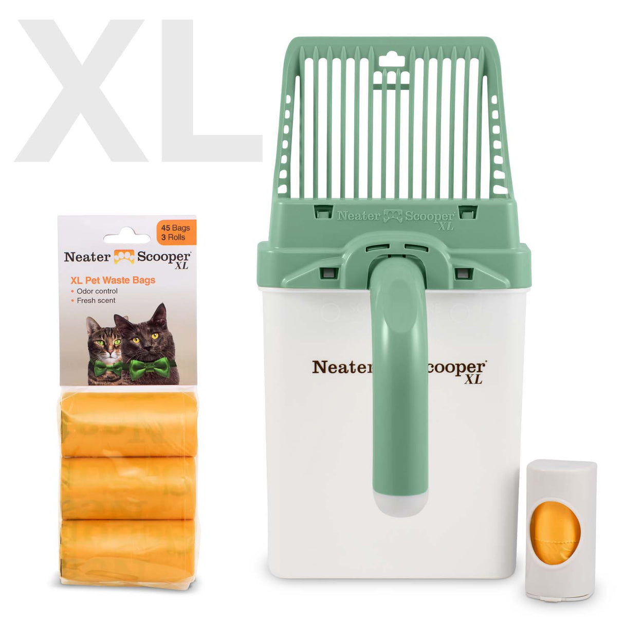 Neater Scooper XL Green with 60 Bags and bag dispenser on a white background.