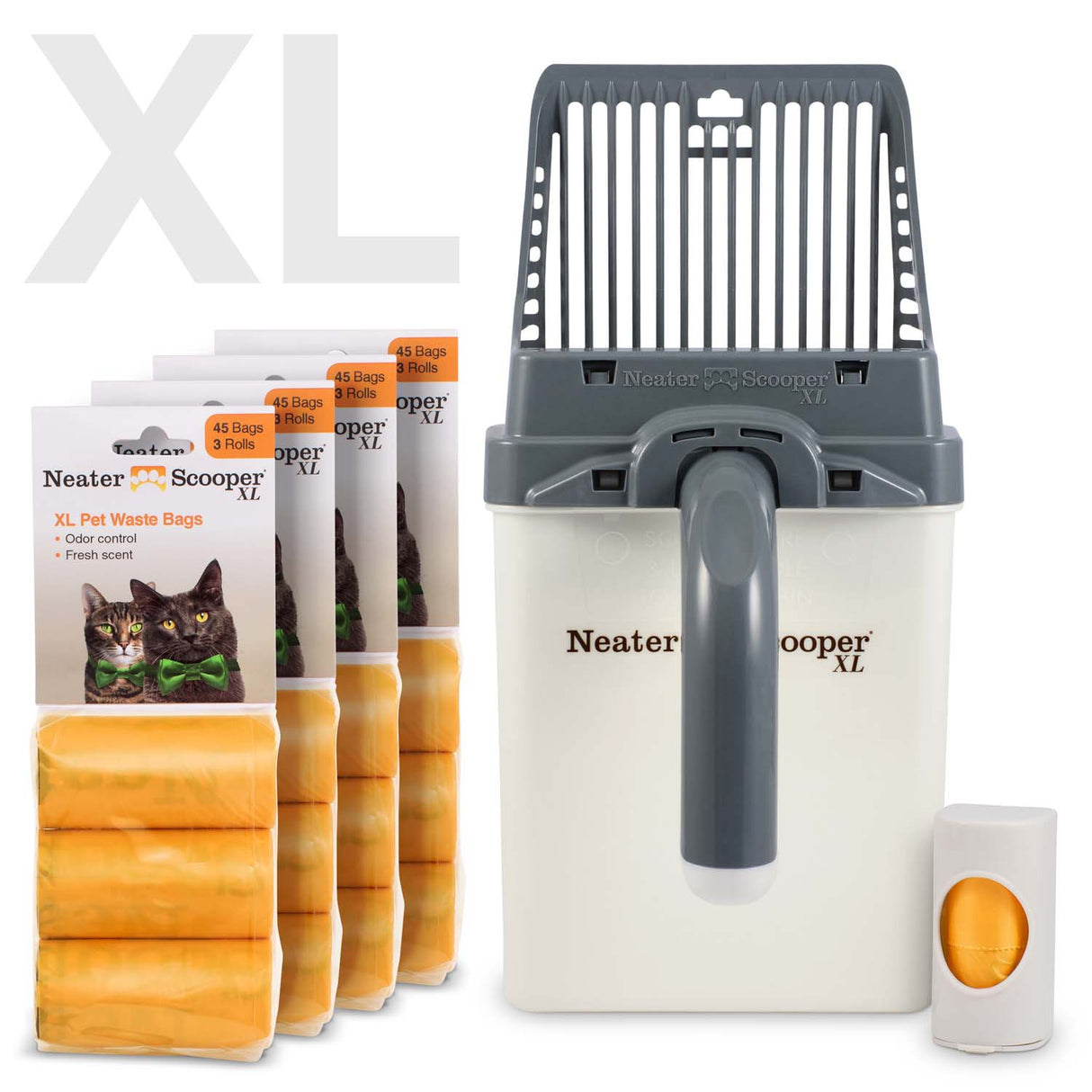 Neater Scooper XL Gray with 195 Bags and bag dispenser on a white background.