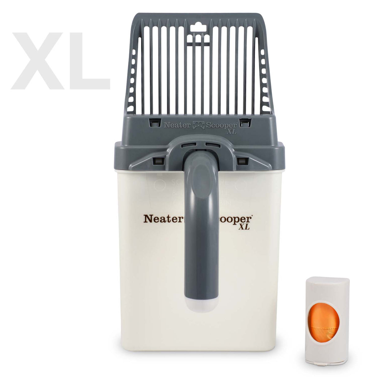Neater Scooper XL Gray with 15 Bags with bag dispenser on a white background.