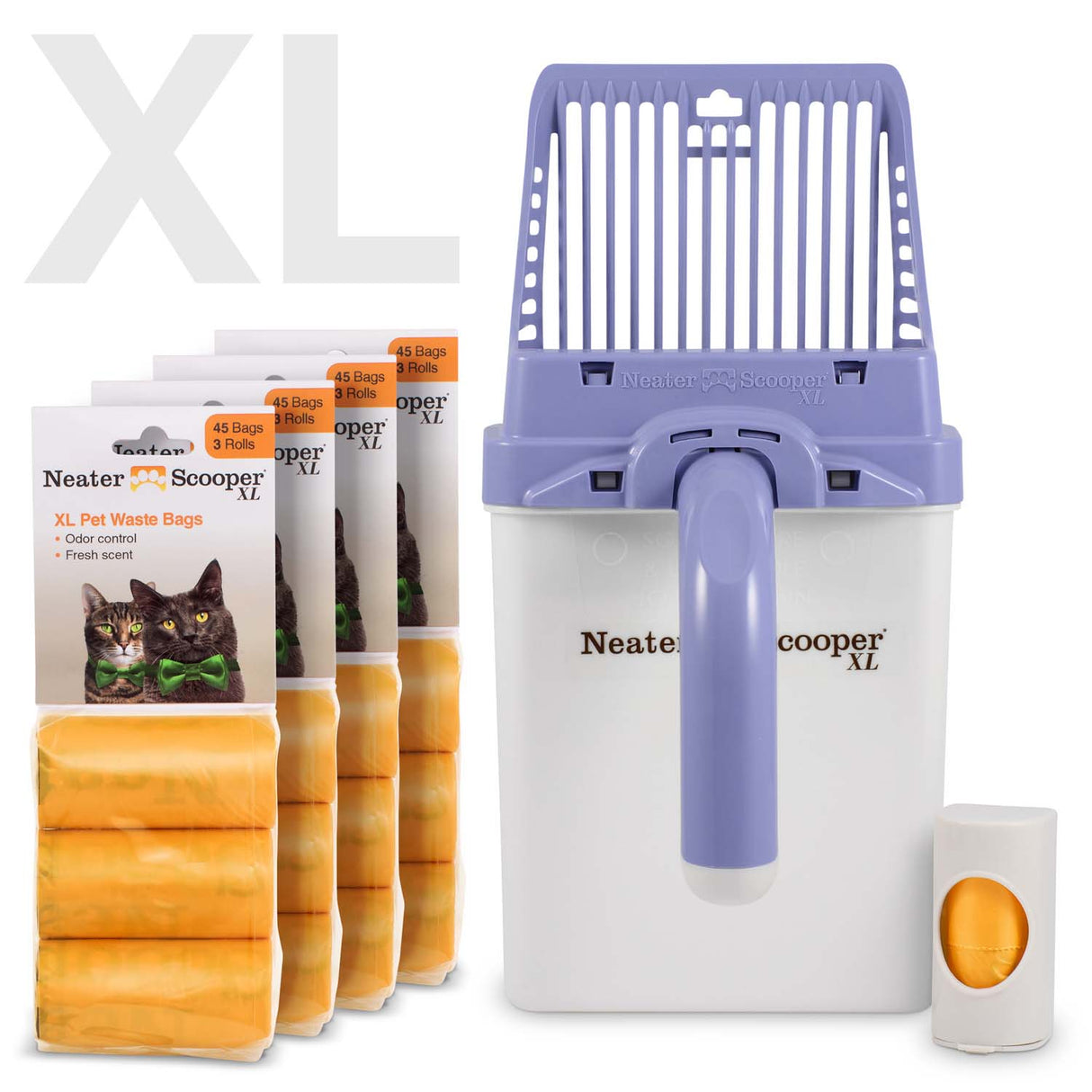 Neater Scooper XL Lavender with 195 Bags and bag dispenser on a white background.