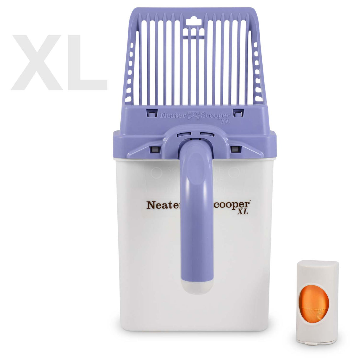 Neater Scooper XL Lavender with 15 Bags with bag dispenser on a white background.