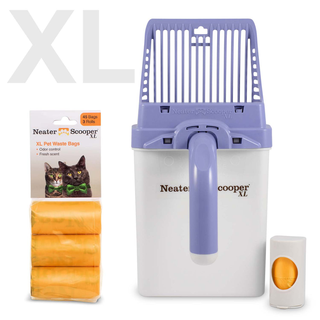 Neater Scooper XL Lavender with 60 Bags and bag dispenser on a white background.