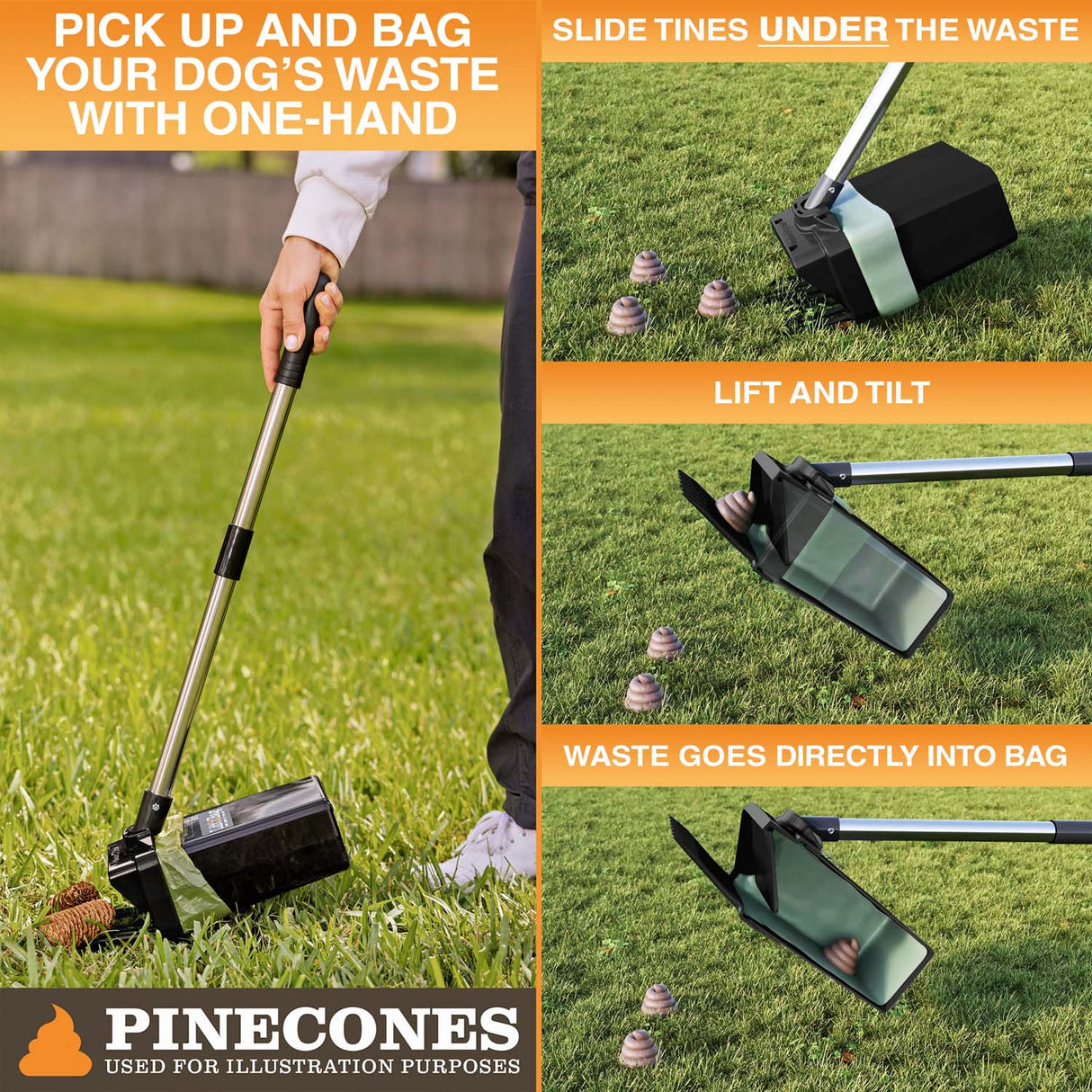 Image showing someone using the Lift N' Bag with pole to pick up dog waste. Instructions to slide tines under waste, lift and tilt, and drop waste into bag.