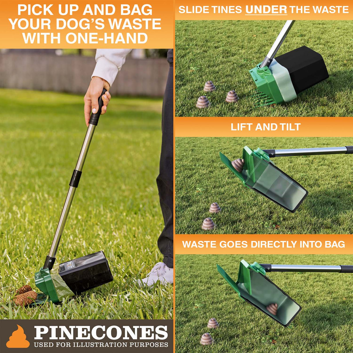 Image showing someone using the Lift N' Bag with pole to pick up dog waste. Instructions to slide tines under waste, lift and tilt, and drop waste into bag.