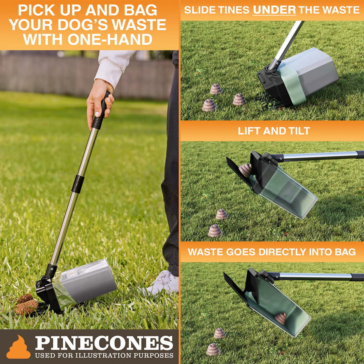 Image showing someone using the Lift N' Bag with pole to pick up dog waste. Instructions to slide tines under waste, lift and tilt, and drop waste into bag.