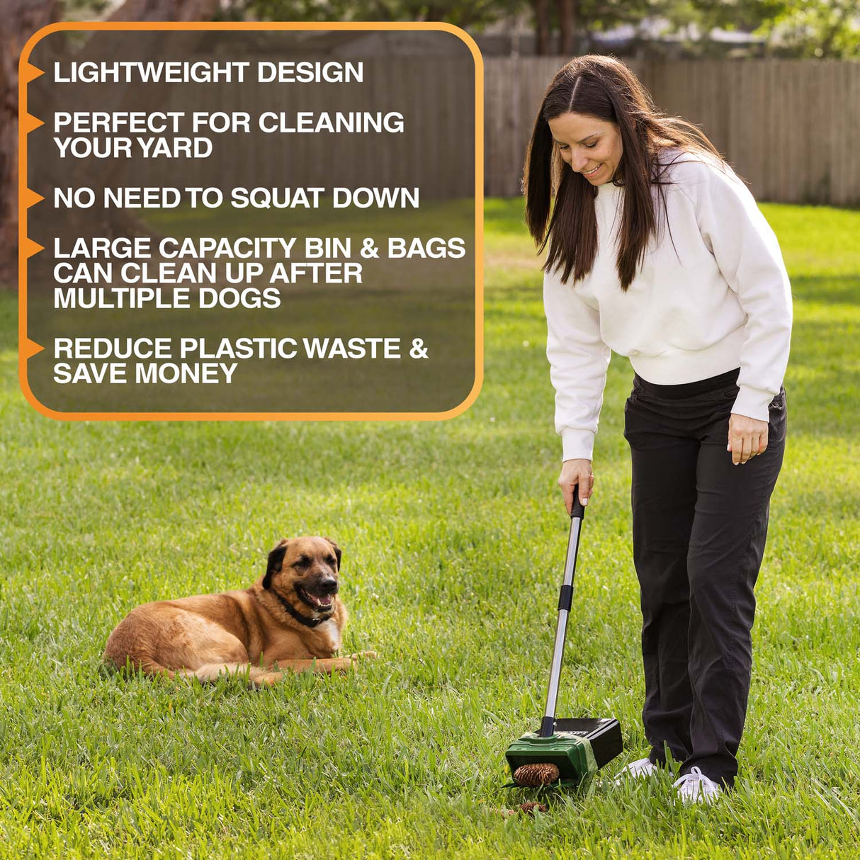 A woman using Lift N' Bag to pick up dog waste in a backyard. There's a dog laying in the background. Text on screen highlights several key features: compact and lightweight design, can be used in the yard or on walks, large capacity bin and bags can clean up after multiple dogs, reduce plastic waste, and save money.