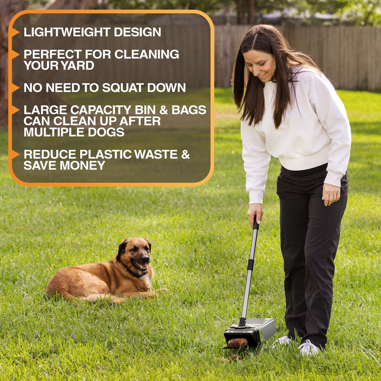 A woman using Lift N' Bag to pick up dog waste in a backyard. There's a dog laying in the background. Text on screen highlights several key features: compact and lightweight design, can be used in the yard or on walks, large capacity bin and bags can clean up after multiple dogs, reduce plastic waste, and save money.