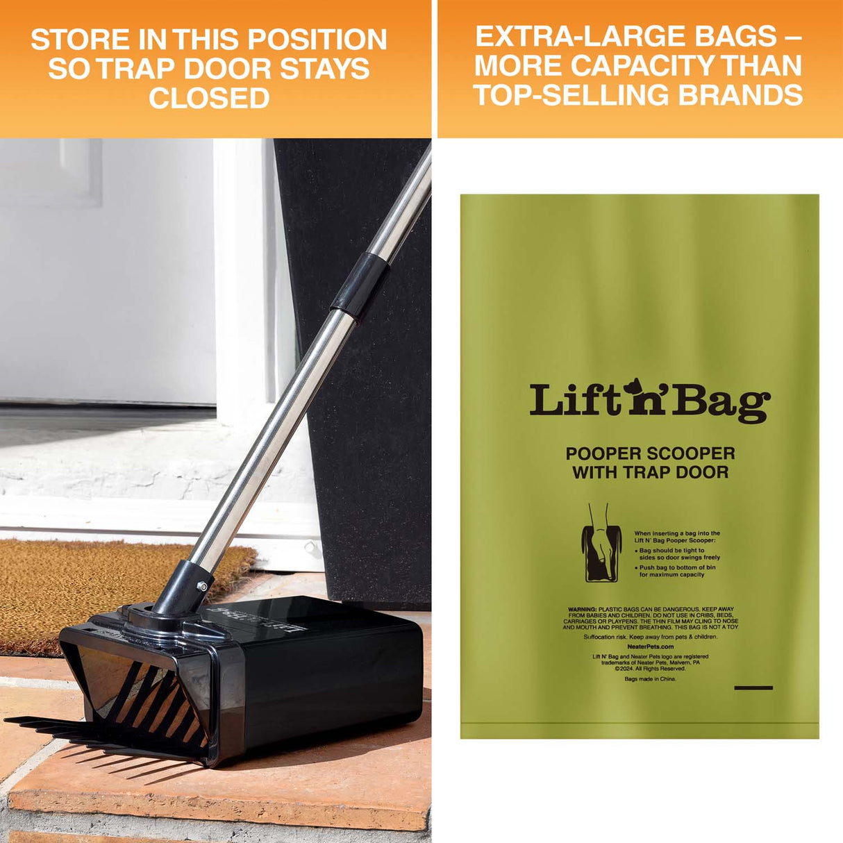 Two images are on screen. One shows the Lift N' Bag sitting flat on the ground so the trap door shuts. The next image displays the bag and notes that it's larger than other top-selling brands.