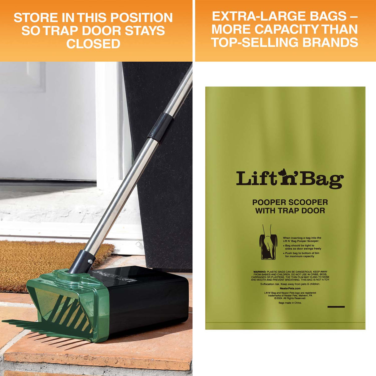 Two images are on screen. One shows the Lift N' Bag sitting flat on the ground so the trap door shuts. The next image displays the bag and notes that it's larger than other top-selling brands.