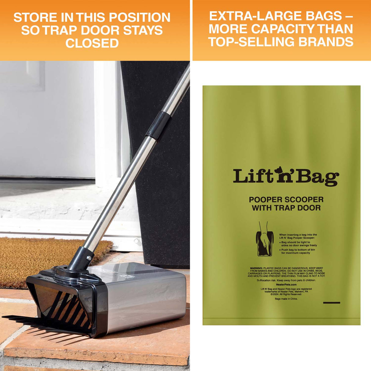 Two images are on screen. One shows the Lift N' Bag sitting flat on the ground so the trap door shuts. The next image displays the bag and notes that it's larger than other top-selling brands.