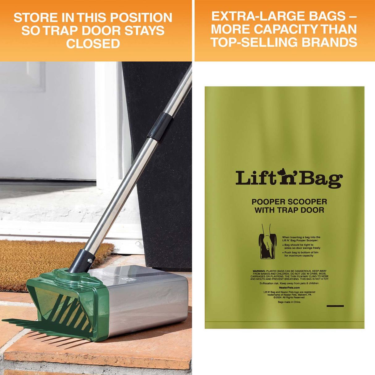 Two images are on screen. One shows the Lift N' Bag sitting flat on the ground so the trap door shuts. The next image displays the bag and notes that it's larger than other top-selling brands.