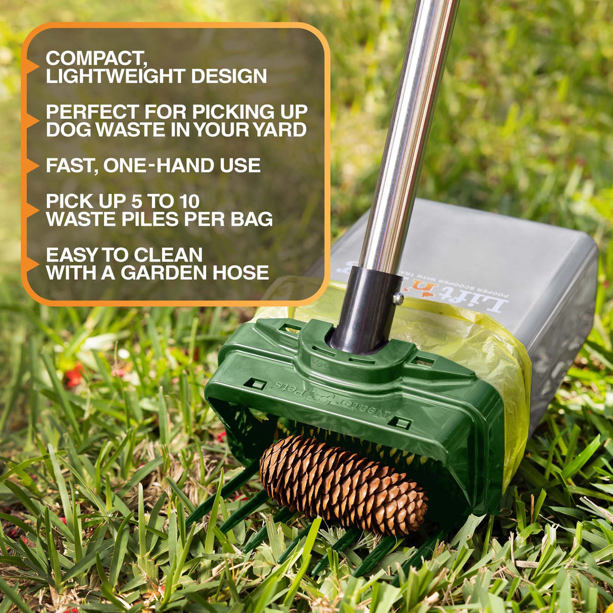Lift N’ Bag pooper scooper with pole in grass, highlighting compact lightweight design, one-hand use, multi-pile pickup, and easy hose cleaning.