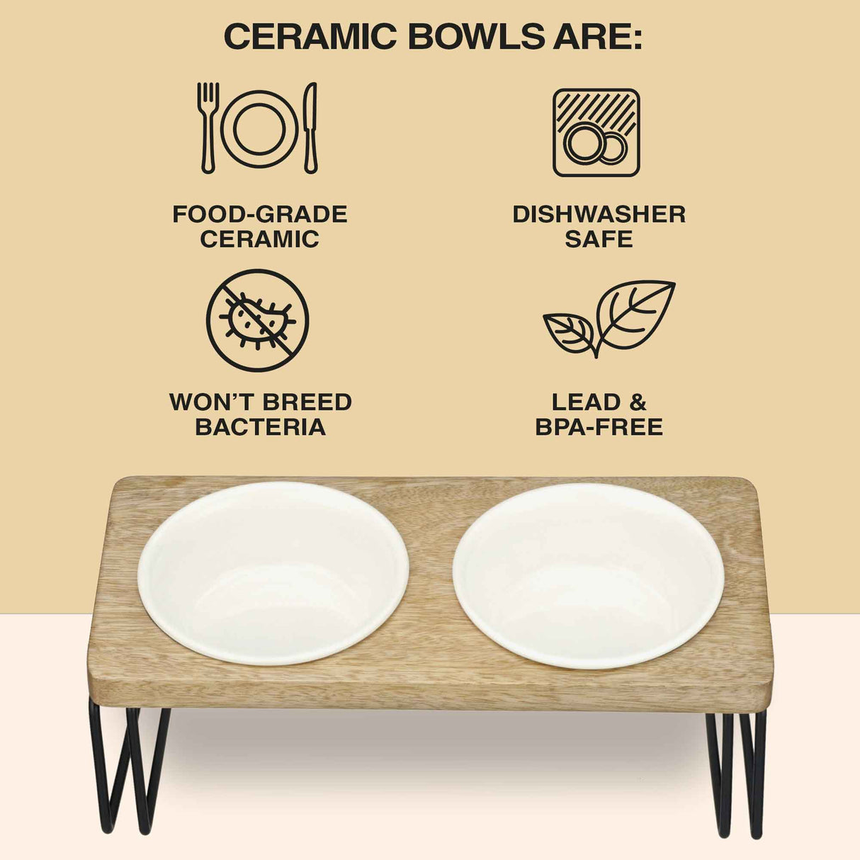 Image explaining benefits of using ceramic bowls - food grade, dishwasher safe, won't breed bacteria, and BPA and lead free. An angled wooden feeder is placed towards the bottom of the image.