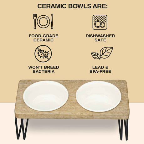 Image explaining benefits of using ceramic bowls - food grade, dishwasher safe, won't breed bacteria, and BPA and lead free. An angled wooden feeder is placed towards the bottom of the image.