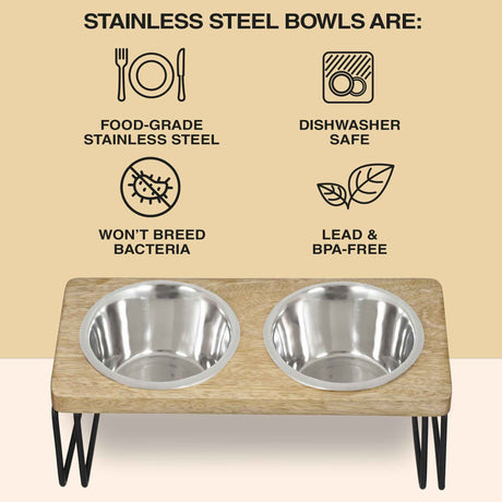 Image explaining benefits of using stainless steel bowls - food grade, dishwasher safe, won't breed bacteria, and BPA and lead free. An angled wooden feeder is placed towards the bottom of the image.