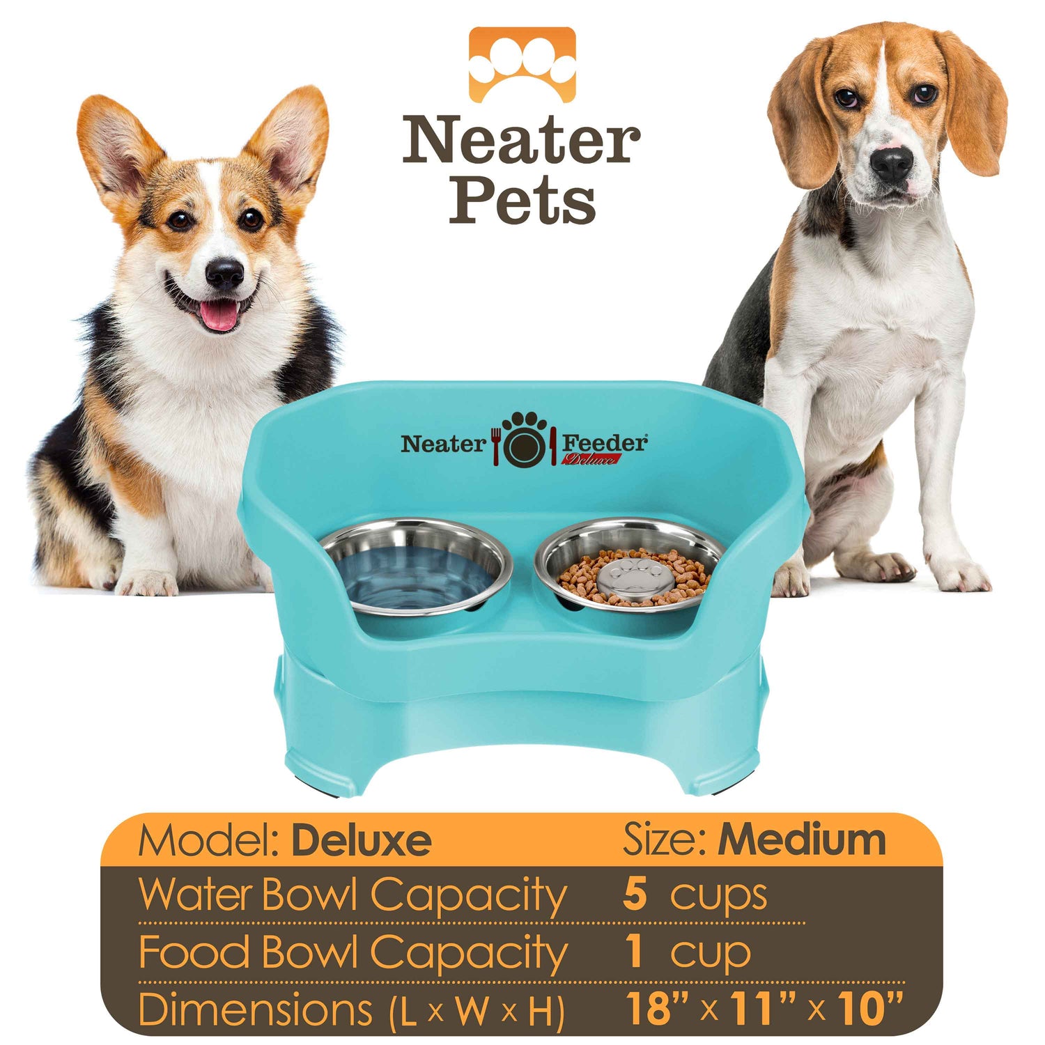 A chart displaying the Deluxe medium with Slow Feed bowl capacity and dimensions, with two medium-sized dog next to the chart.