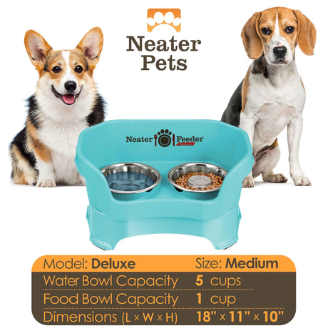 A chart displaying the Deluxe medium with Slow Feed bowl capacity and dimensions, with two medium-sized dog next to the chart.