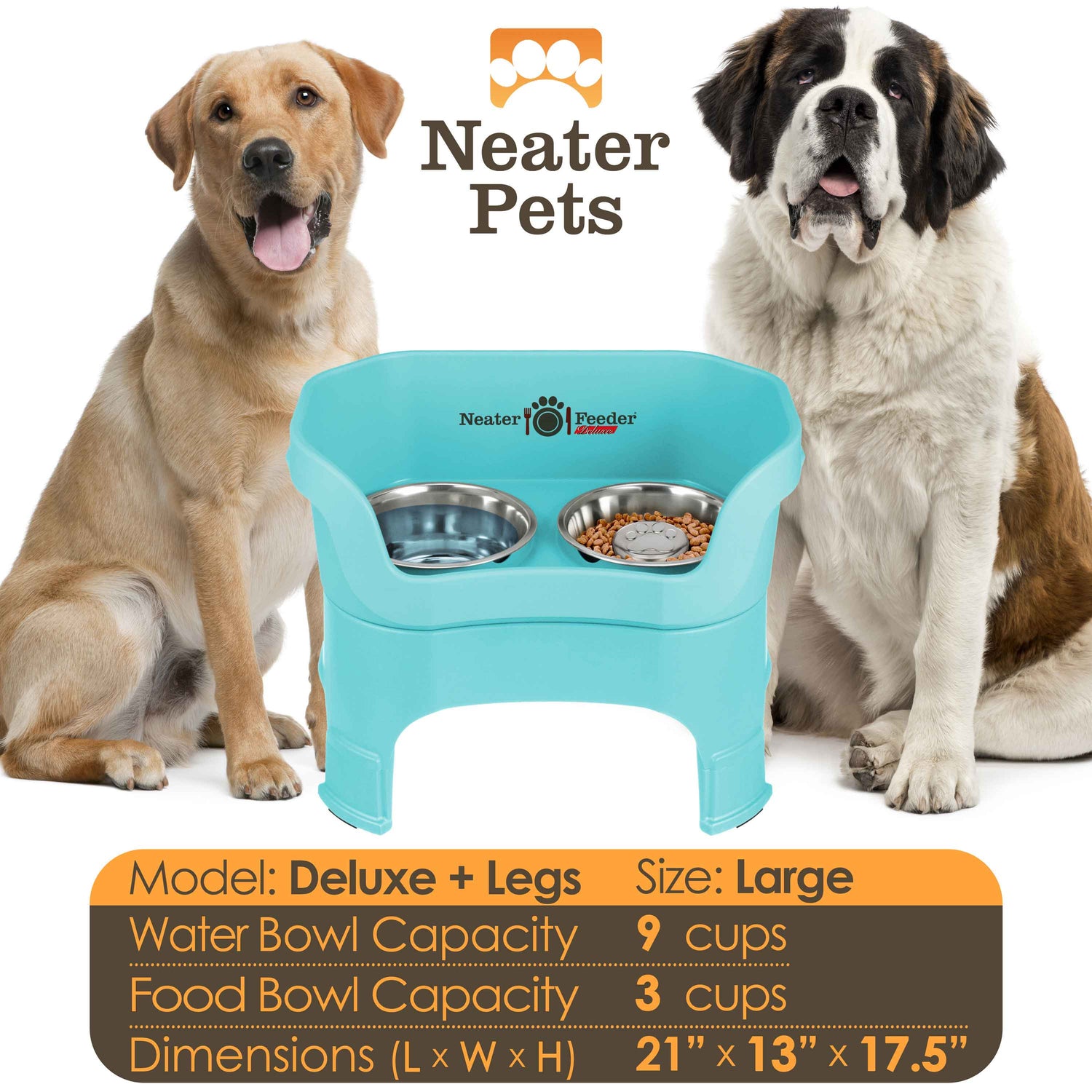A chart displaying the Deluxe large with Slow Feed bowl and leg extension bowl capacity and dimensions, with two large sized dogs next to the chart.